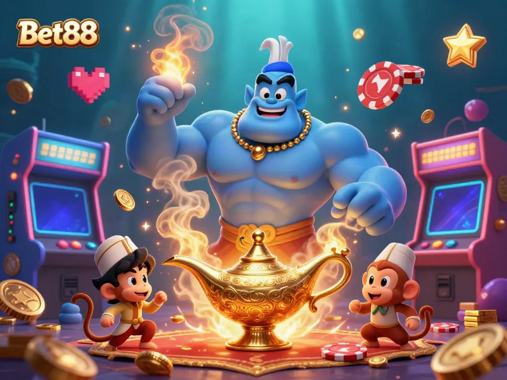 Engage with Bet88 through a magical casino adventure featuring a genie and a monkey.