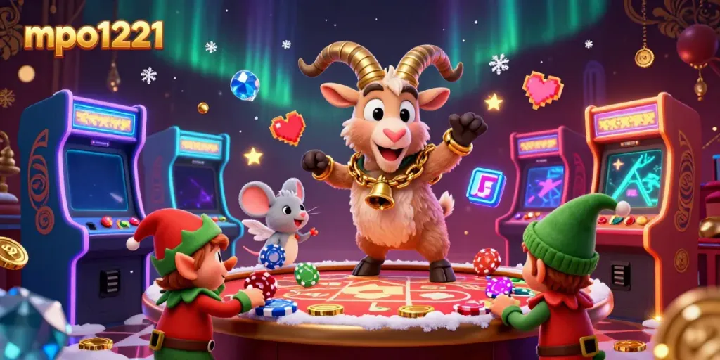 Engaging mpo1221 casino scene featuring a Krampus goat, angel mouse, and elf gremlins stealing poker chips.