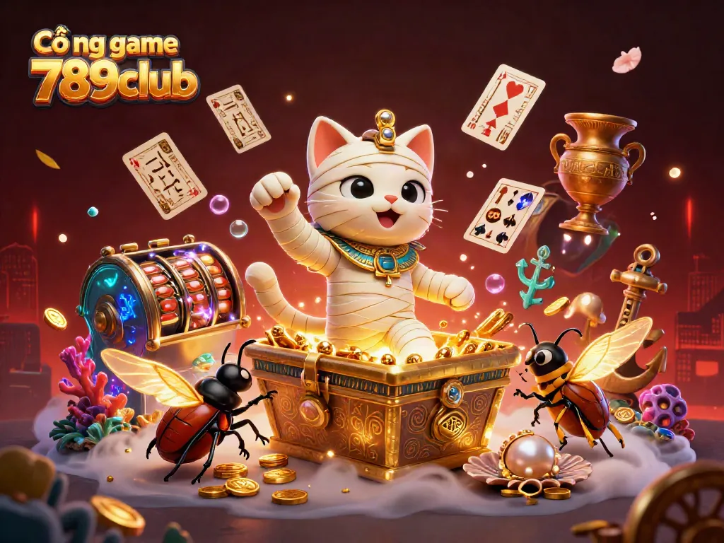 Engage with Cổng game 789club featuring a vibrant scene of casino excitement with characters and riches.