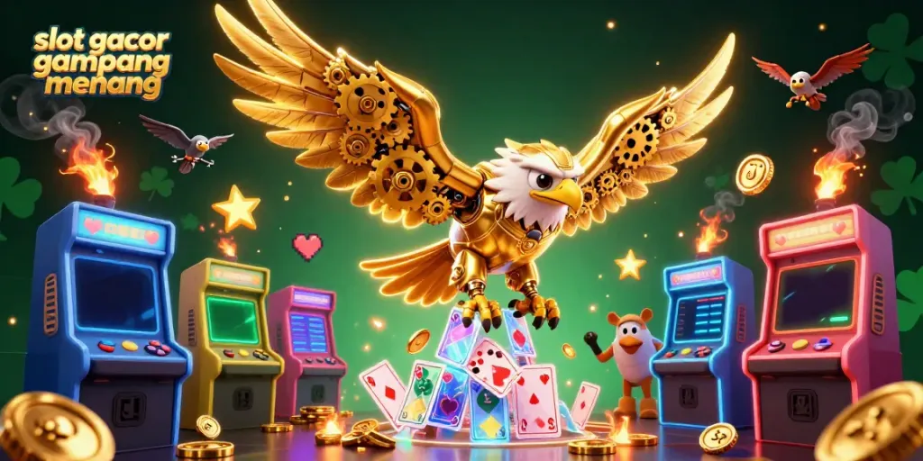 Permainan slot gacor gampang menang dengan ilustrasi terkenal burung elang futuristik dan mesin permainan penuh warna.