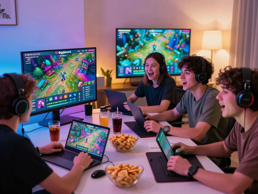 Enthusiastic gamers experience bigdewa gaming platform in a lively setting.