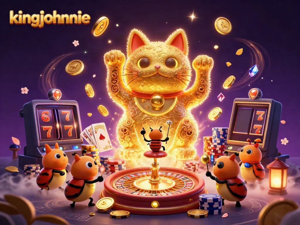 Experience excitement at kingjohnnie Casino with a 3D lucky cat, vibrant game elements, and thrilling energy.