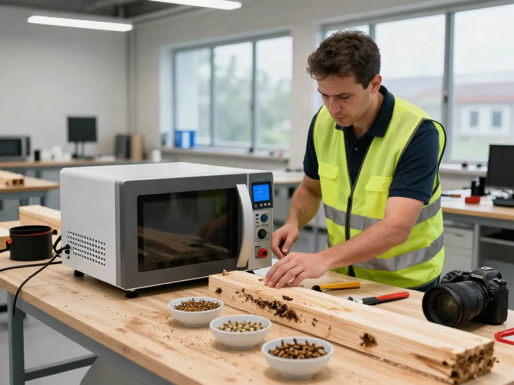 SHASHEL® microwave system in action, eliminating wood-boring insects efficiently.