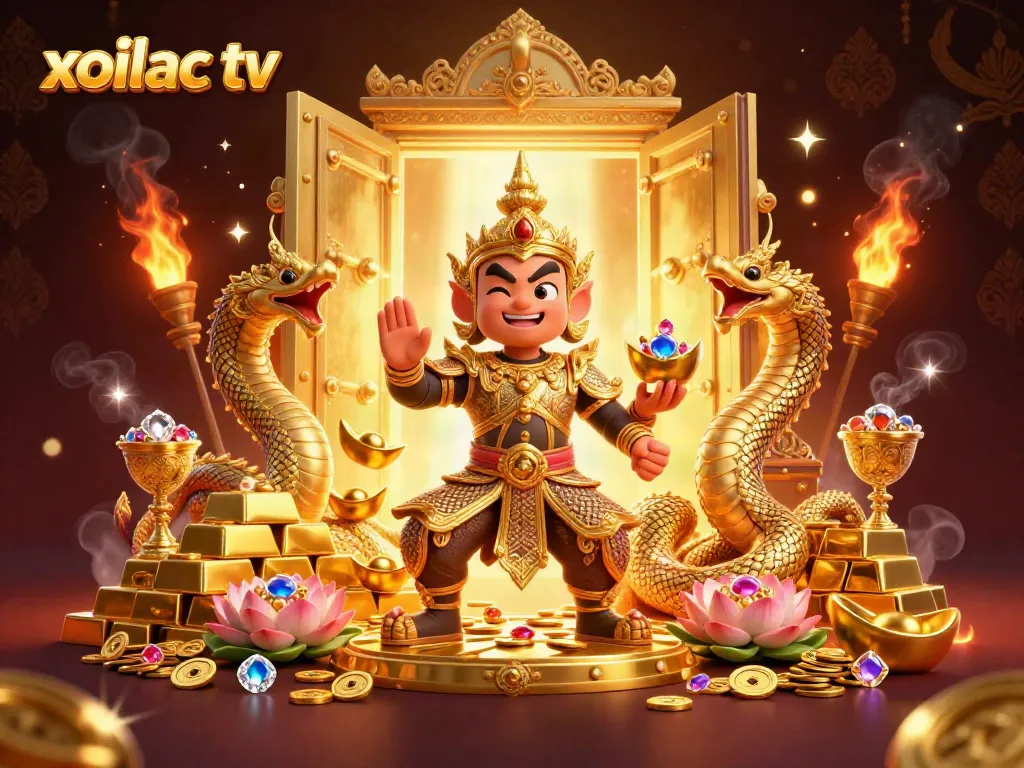 Xoilac TV shows an engaging scene with cartoon guardian, Naga serpents, and treasure, perfect for online gaming.