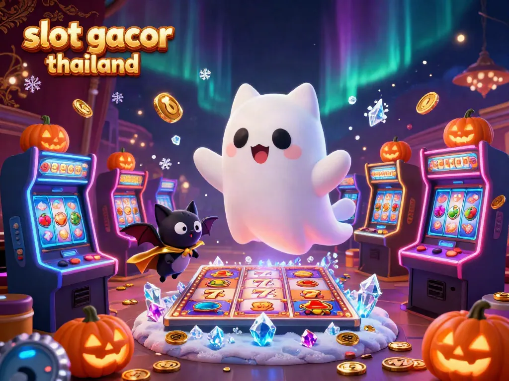 Experience slot gacor thailand with animated ghost cat and gaming elements in a vibrant casino scene.