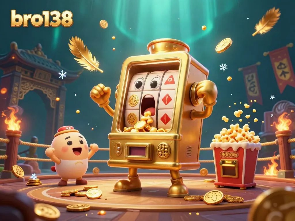 Experience the thrill of bro138 as golden slot machines celebrate jackpots amid swirling gold coins and interactive game elements.