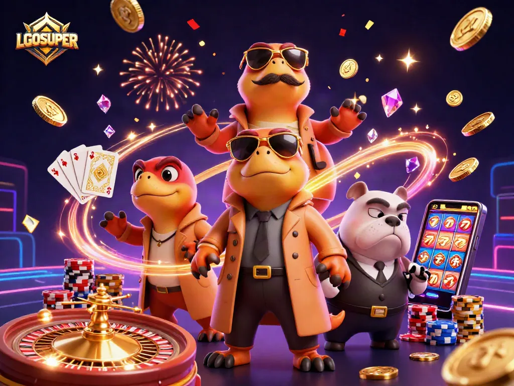 Engage with LGOSUPER as raptors humorously attempt casino entry with dazzling slot machines and golden chips.