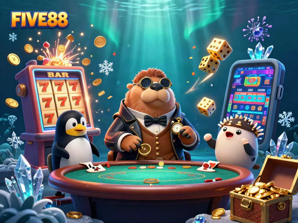 Engage with FIVE88's dynamic underwater poker scene, featuring whimsical characters and exciting casino elements in action.