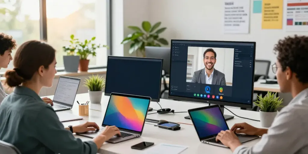 Team collaborating in a modern office during an online AI meeting transcription session.