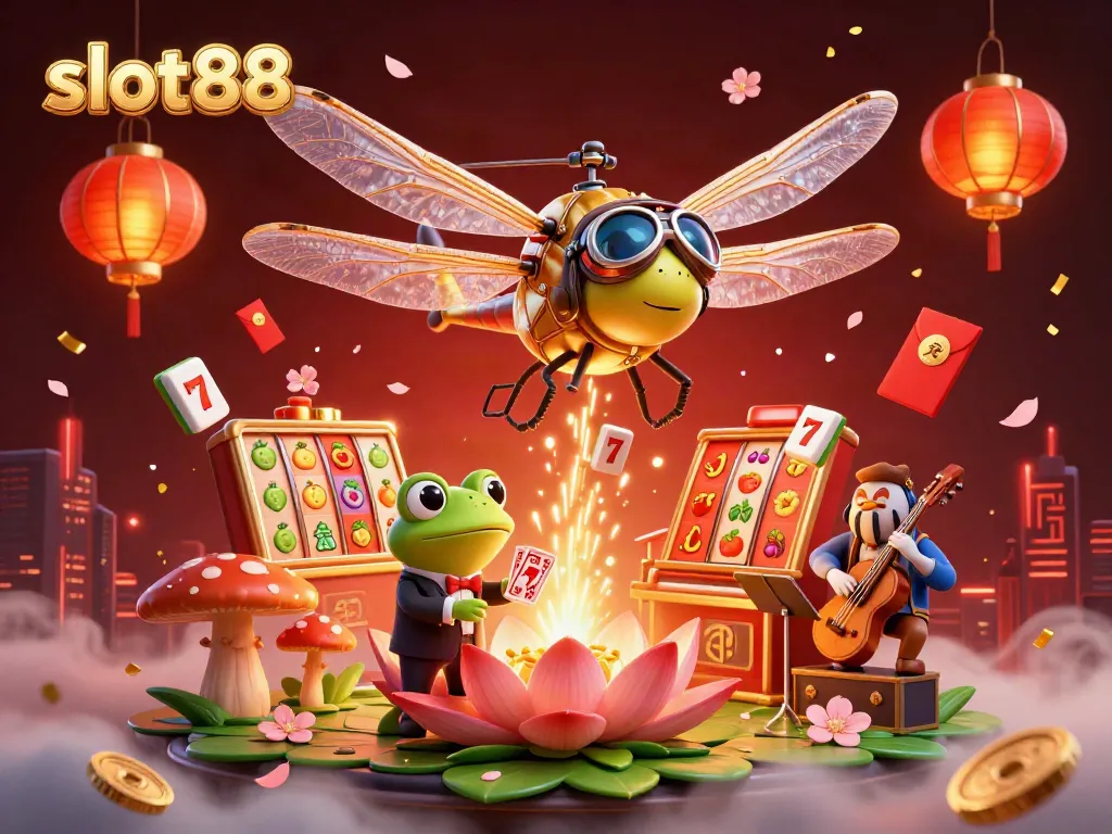 Experience winning thrills at slot88 with a vibrant 3D casino scene featuring colorful characters and lively game elements.