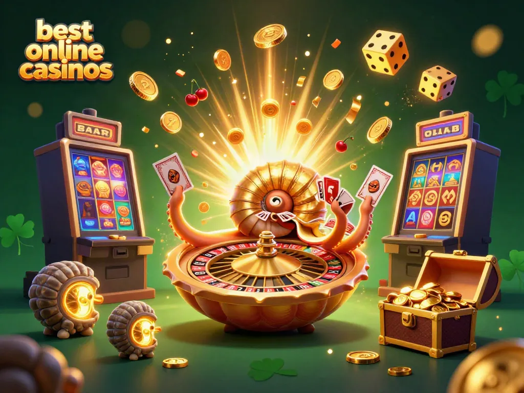 Experience the best online casinos with a vibrant 3D scene of a nautilus roulette wheel surrounded by dynamic gaming elements.
