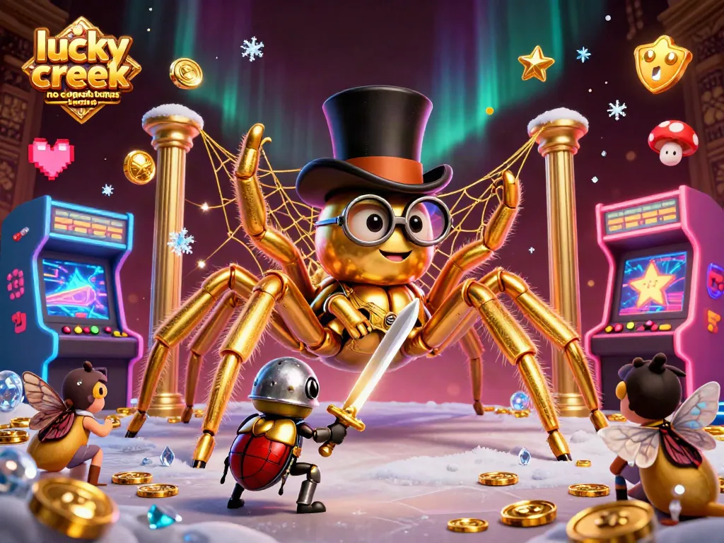 Engage with the lucky creek casino no deposit bonus featuring animated characters and gaming elements in a vibrant casino setting.