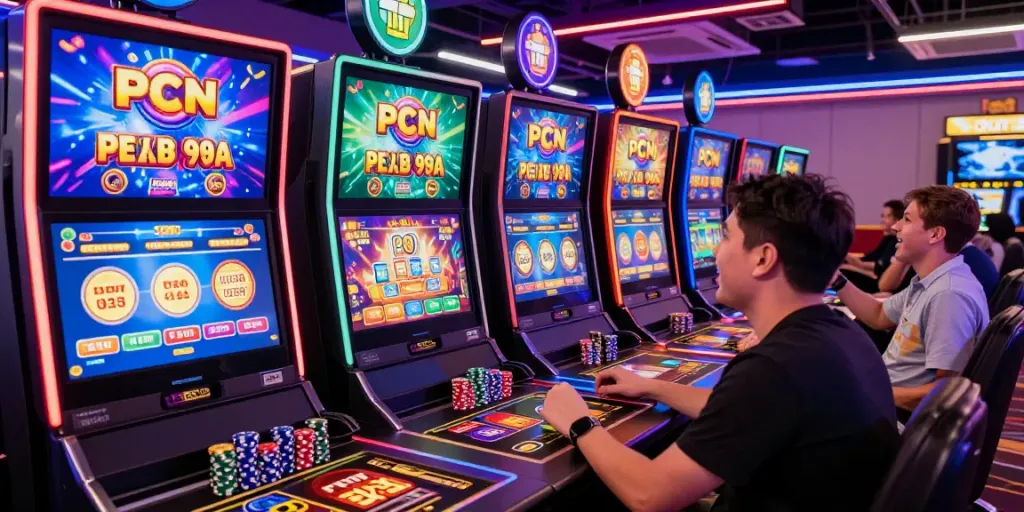 Pemain Situs PG beraksi di kasino online dengan permainan slot berwarna cerah.