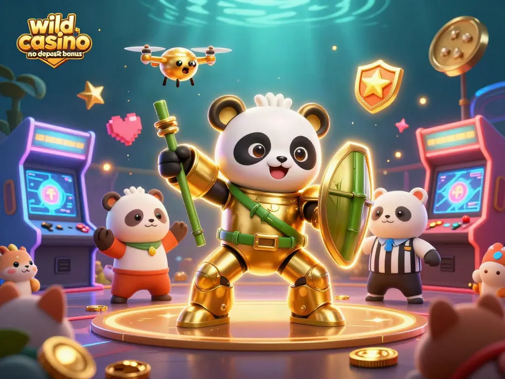 Claim the wild casino no deposit bonus with vibrant 3D animated gaming elements and characters.