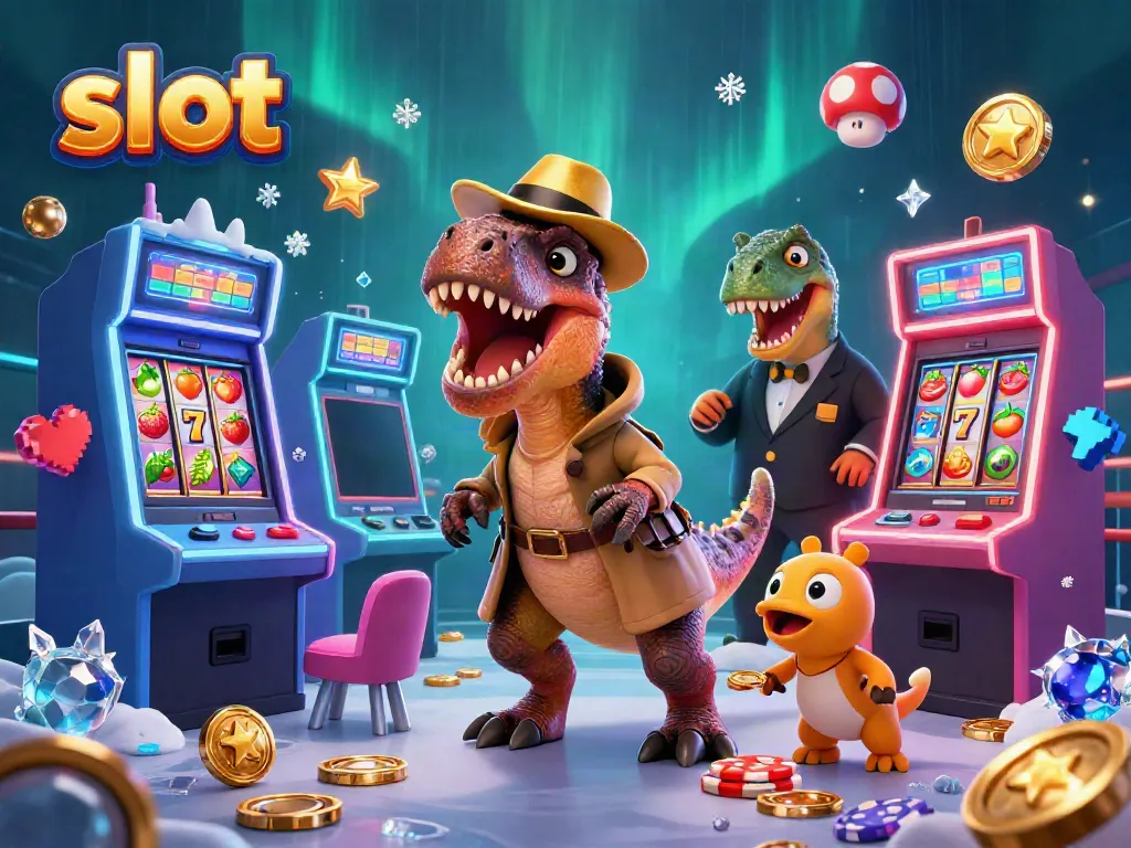 Experience thrilling slot action with 3D velociraptor card counter and stegosaurus pit boss in a vibrant casino.