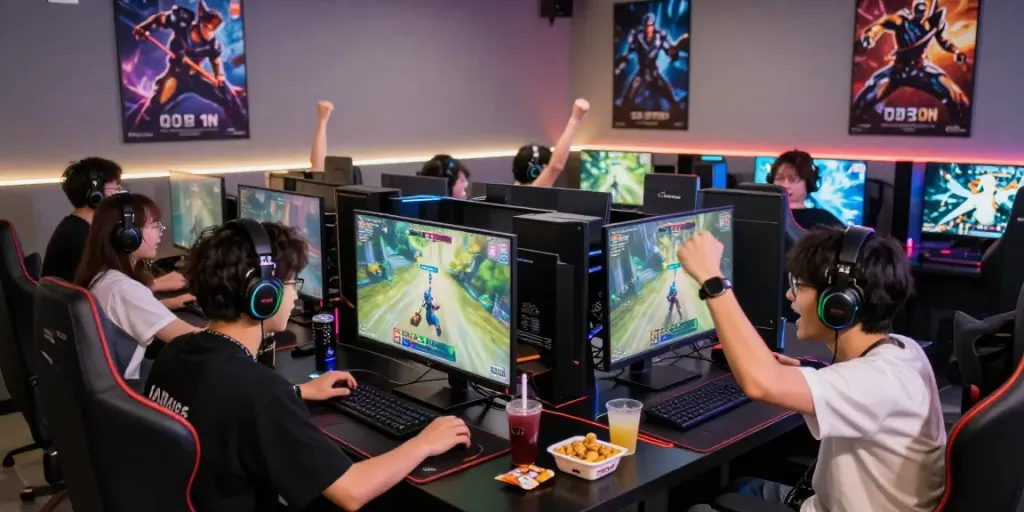 Engaged players experiencing QQMacan in a vibrant gaming lounge.
