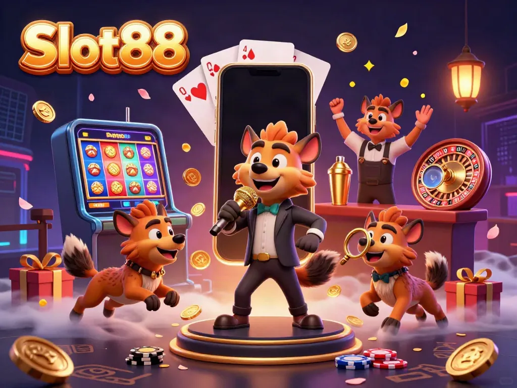Experience Slot88 with hyenas entertaining at a vibrant casino scene filled with gaming elements.