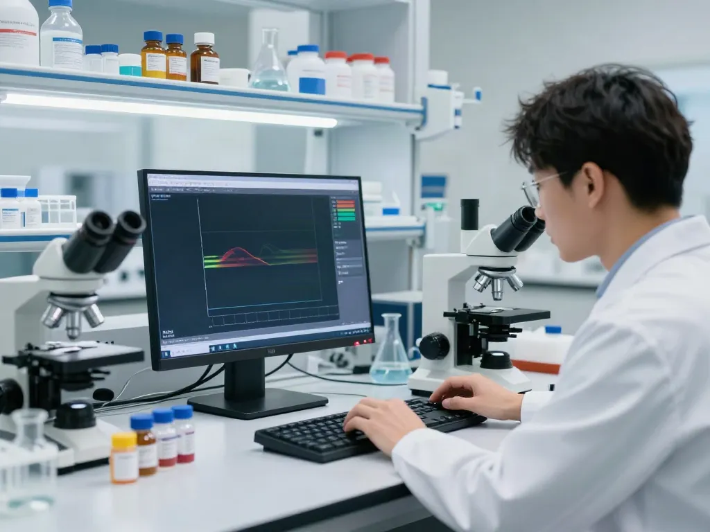 Researcher examining voltera peptides in a modern lab environment