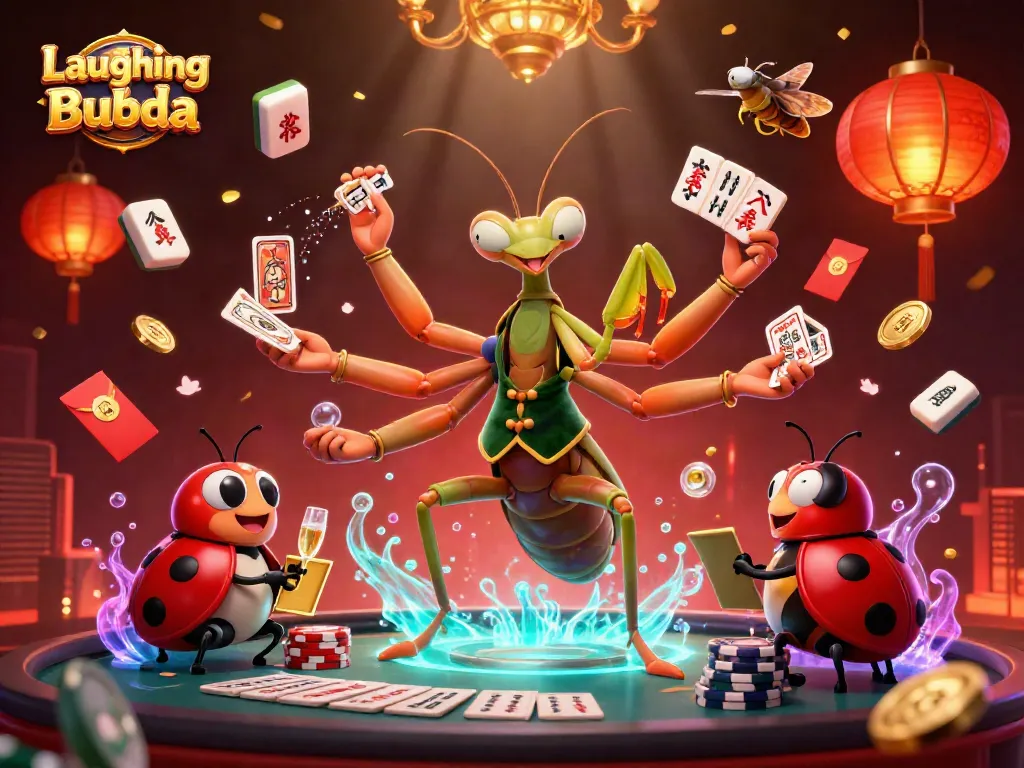 ภาพของ Laughing Buddha ที่ถูกสร้างในสไตล์การ์ตูน 3D ในบรรยากาศคาสิโนที่มีชีวิตชีวา