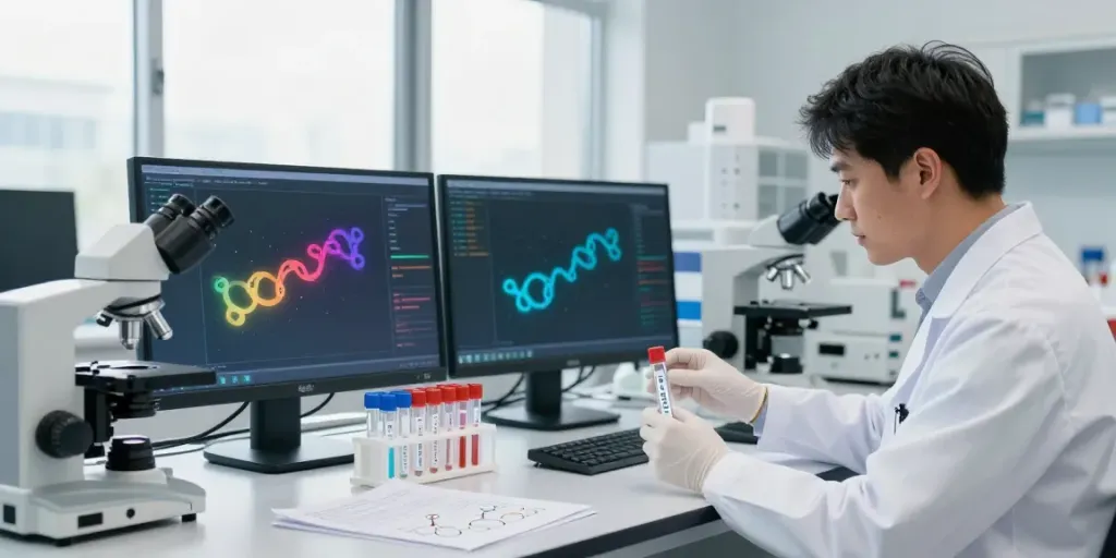 BPC-157 peptide research in a modern health laboratory with a scientist analyzing test tubes and charts.
