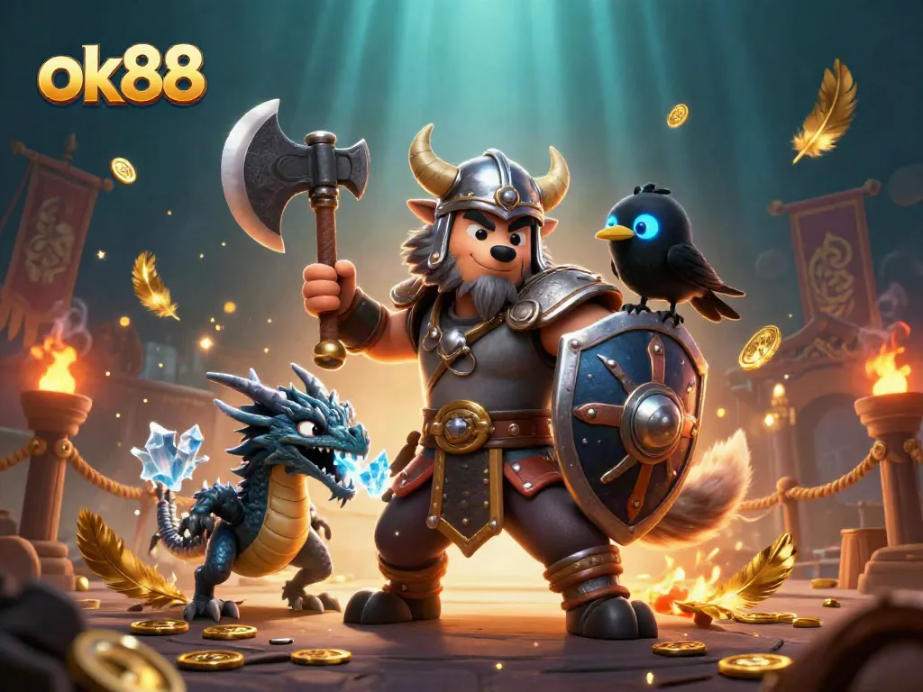 Engage with ok88 to win big in this vibrant 3D casino battle featuring a Viking warrior.