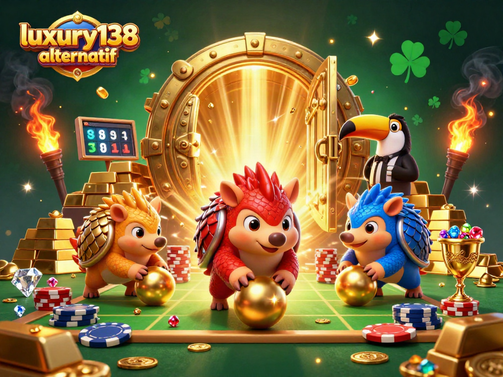 Rival pangolins bersaing dalam permainan kasino di luxury138 alternatif, dengan tumpukan chip dan emas di sekitar mereka.