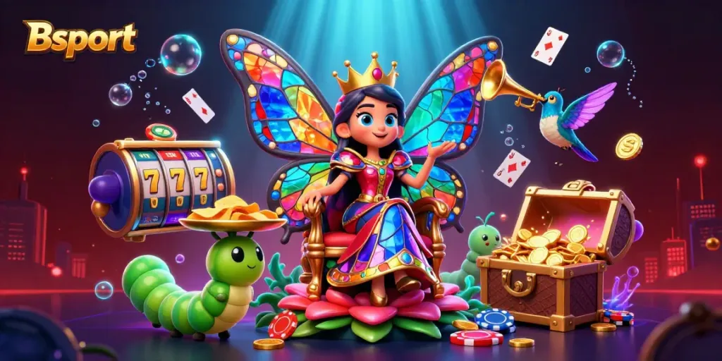 Bsport's butterfly queen presides over a vibrant casino scene filled with slot reels and playing cards.