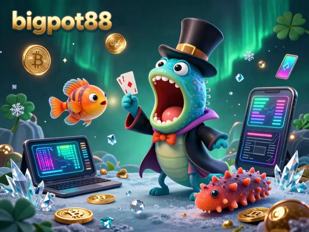 Experience the excitement of bigpot88 with vibrant underwater characters performing magic tricks amidst glowing crypto elements.