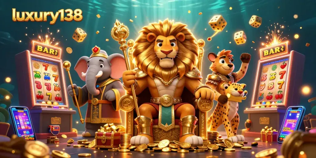 Experience luxury138's dynamism with a vibrant casino-themed scene full of slot machines and lively characters.