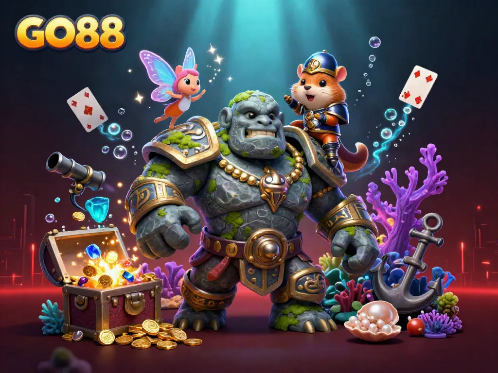 Experience excitement at GO88 with a 3D scene featuring a golem, fairy, and hamster knight amidst riches.