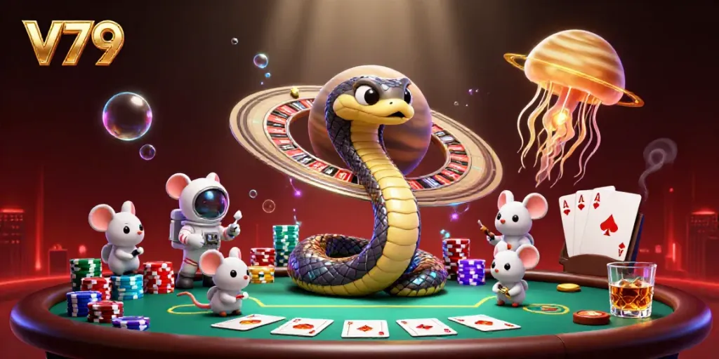 Experience vibrant gaming at V79 with a cosmic roulette scene, poker elements, and energetic characters.