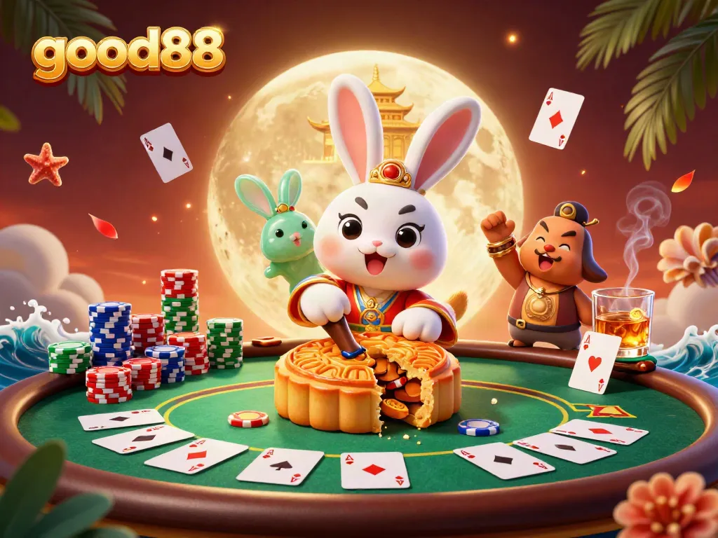 Join the 3D moon characters at good88 for an exciting poker night filled with vibrant game elements and rewards.
