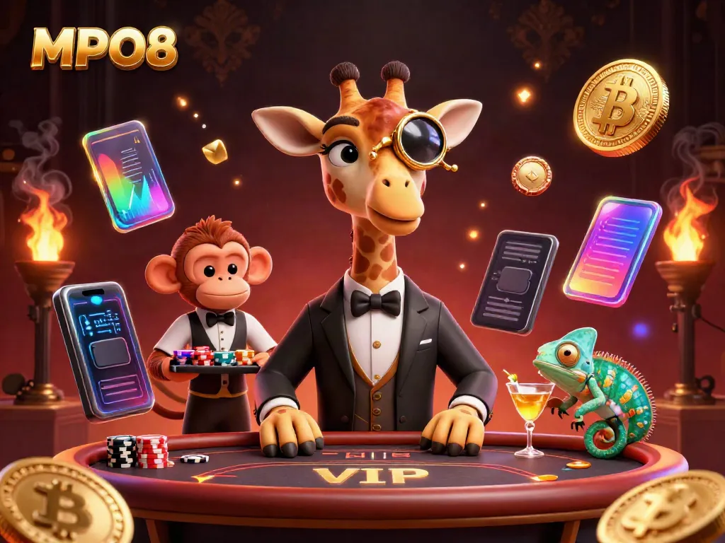 Experience the excitement at MPO08 with a high-roller giraffe at a VIP poker table, electrifying the online gaming scene.