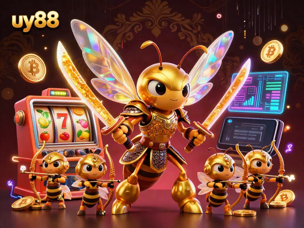 Experience the thrill of uy88 with a vibrant casino scene featuring a golden hornet mascot and slot machines.