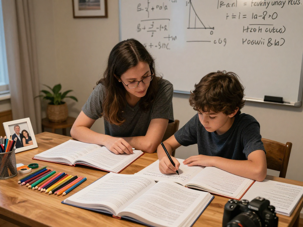 Focused math and English tutors assisting students in a cozy study environment with books and notes.