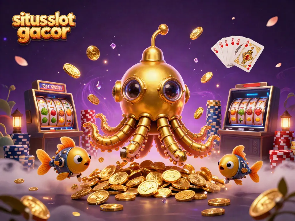 Experience the excitement of situs slot gacor with a golden kraken submarine surrounded by cascading coins and vibrant slot reels.
