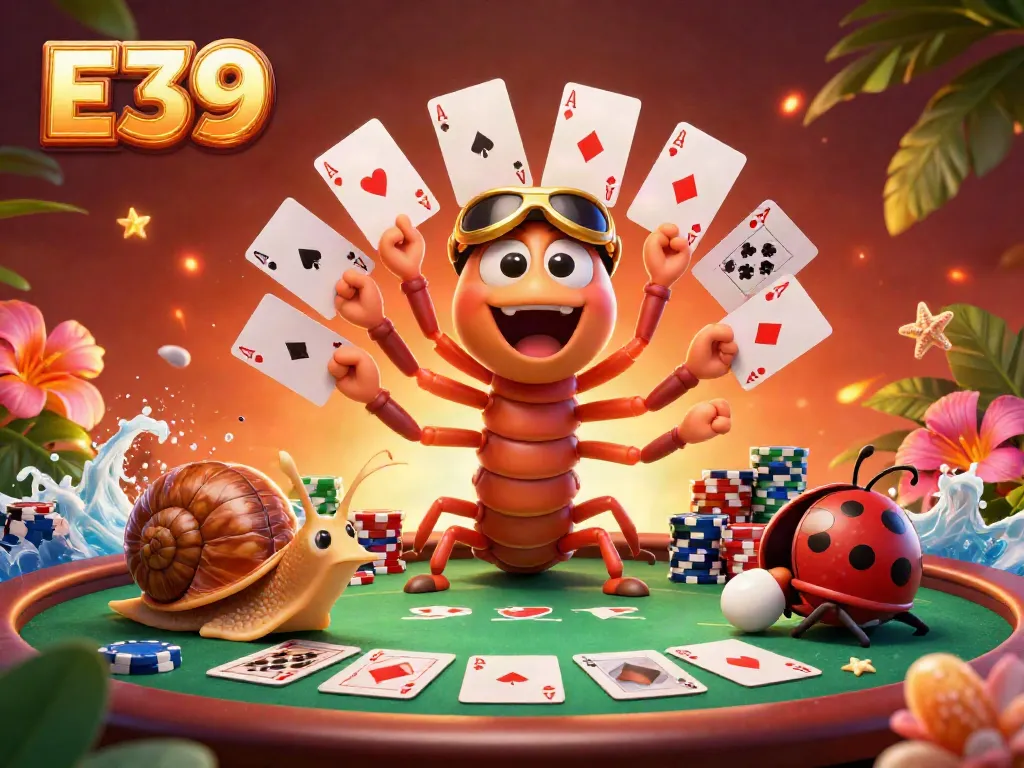 E39 poker scene with a millipede dealer and high-roller snail showcasing vibrant game elements in a lively casino atmosphere.