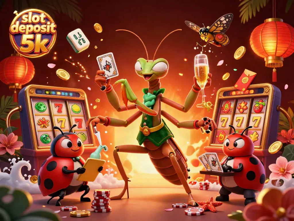 Experience the thrill of slot deposit 5k in this vibrant casino illustration featuring dynamic characters and symbols.