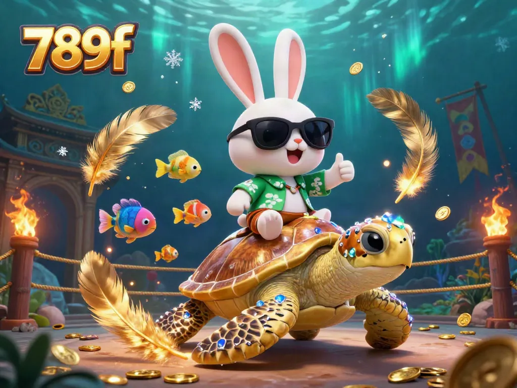 Enjoy thrilling gaming action with 789f as the lucky rabbit celebrates a big win on a golden sea turtle.