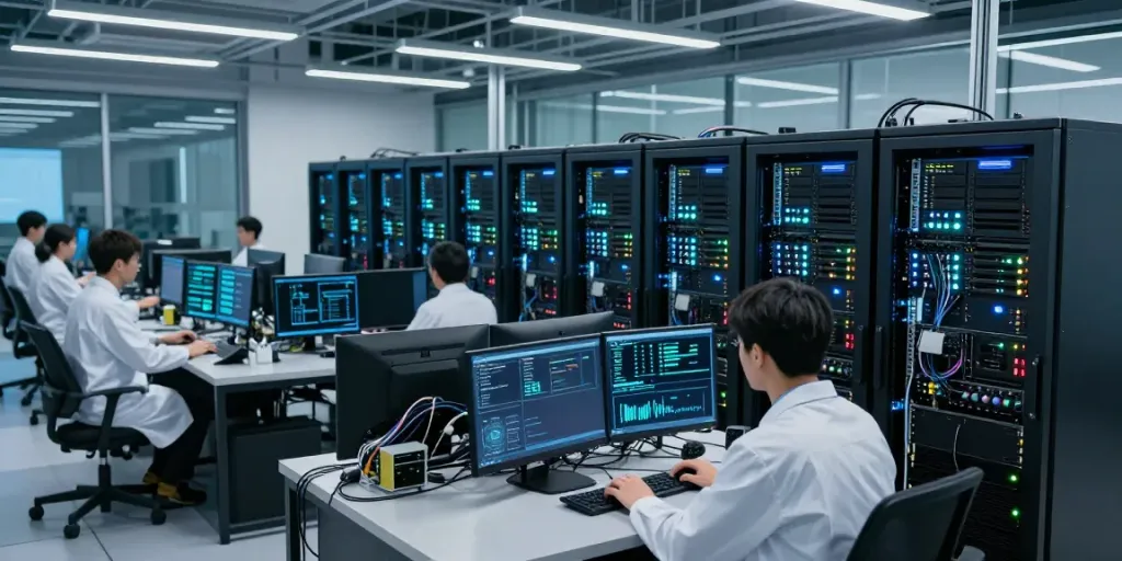 High-tech AI data center with technicians monitoring GPU servers, showcasing modern architecture and cooling systems.