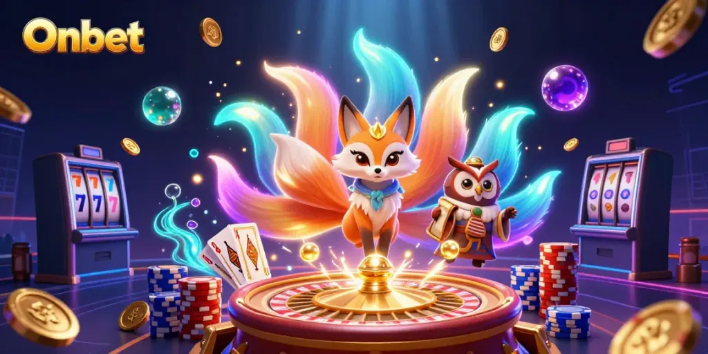 Onbet brings luck with colorful fox spirit and owl sage in a vibrant casino atmosphere.
