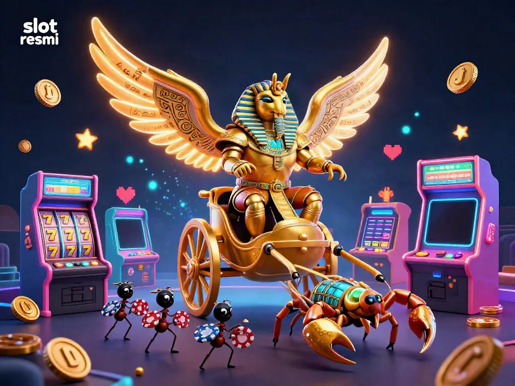 Slot resmi dari kasino modern yang menampilkan karakter unik dan mesin slot penuh warna.