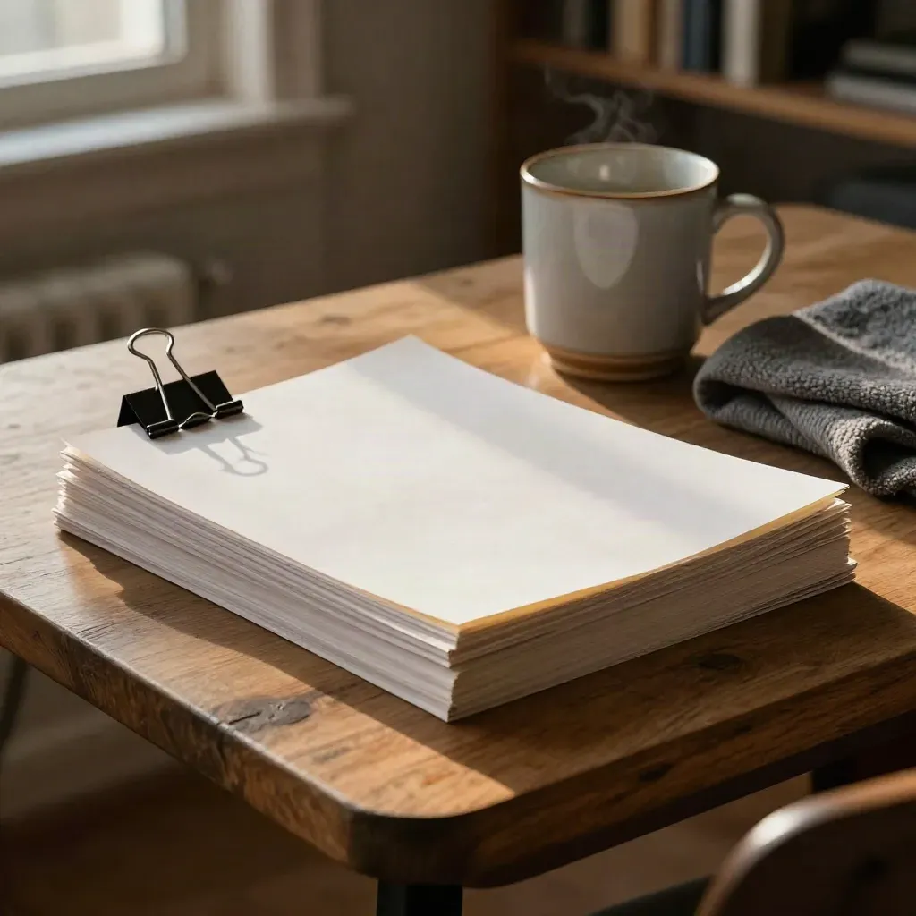 Draft pages, binder clips, mug and wool cloth on a small office table in warm lamplight.