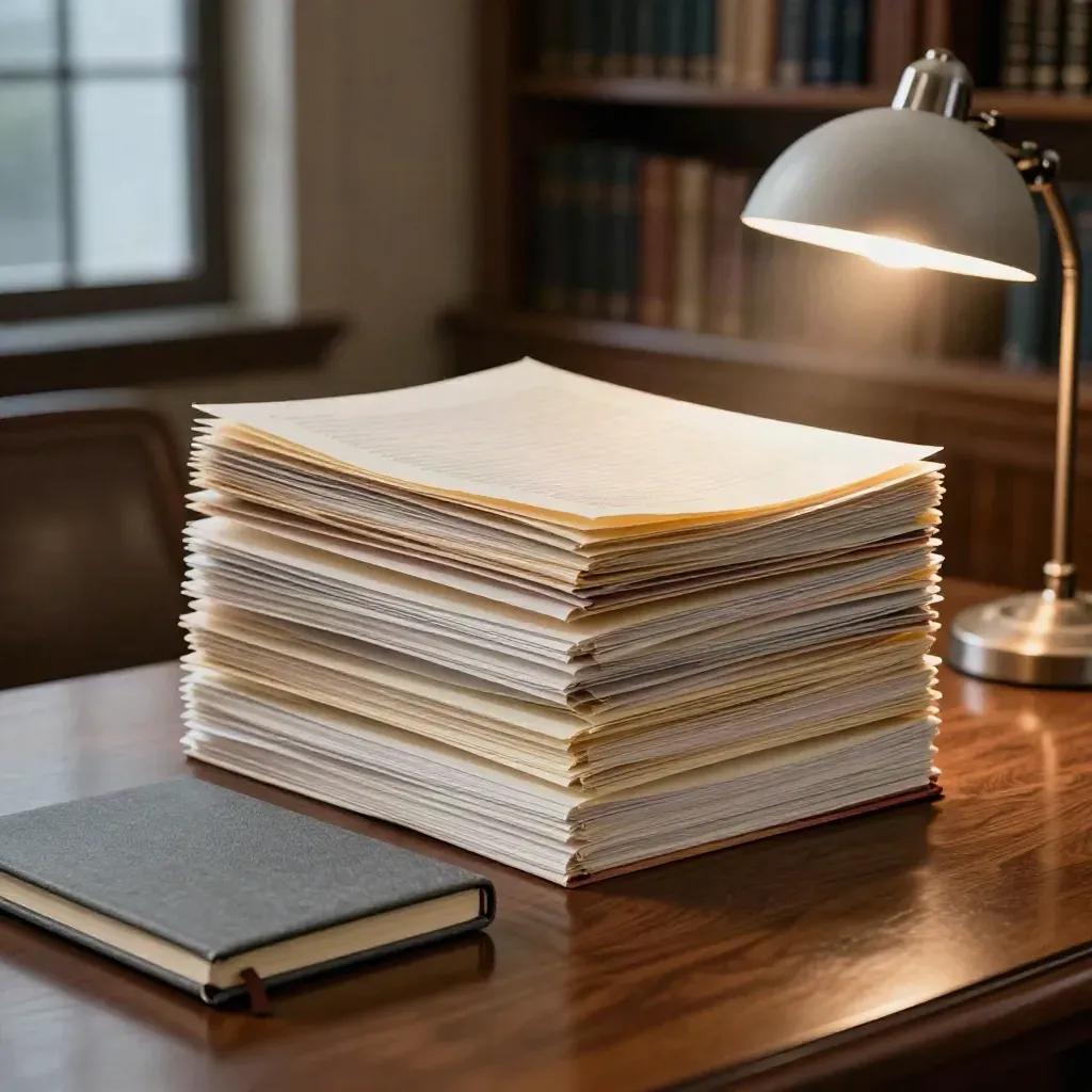 Appeal packet, closed notebook and warm lamp reflection on a lawyer’s wood table at blue hour.