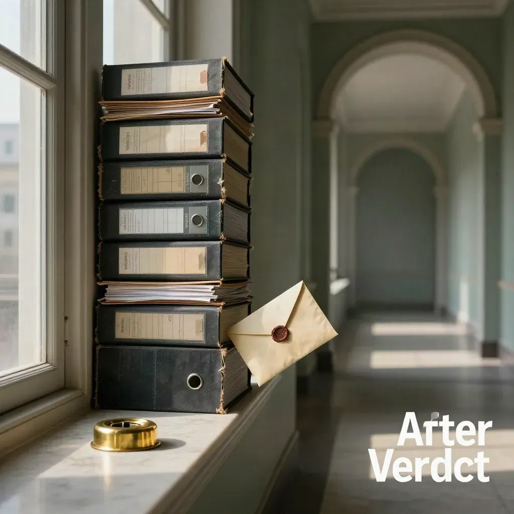 Archive binders, evidence envelopes, and brass paperweight in a dawn courthouse corridor.