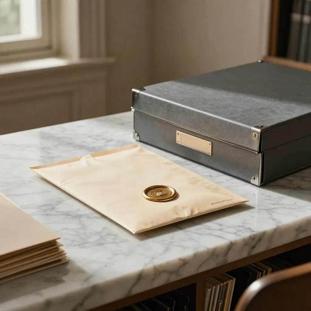 Sealed legal packet, wax seal and archive box on a marble records counter