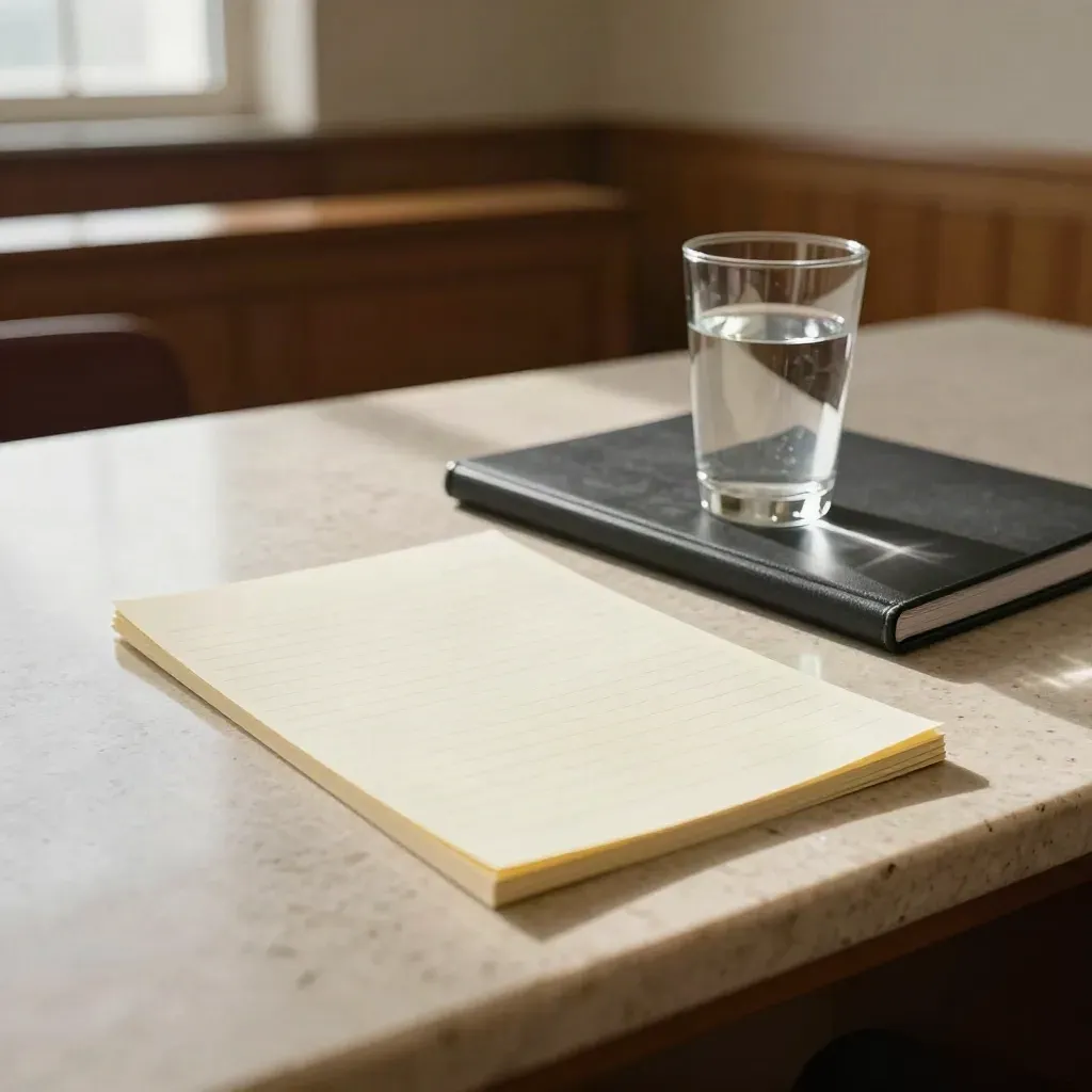 Courtroom table with legal pad, binder and water glass in slanting window light.