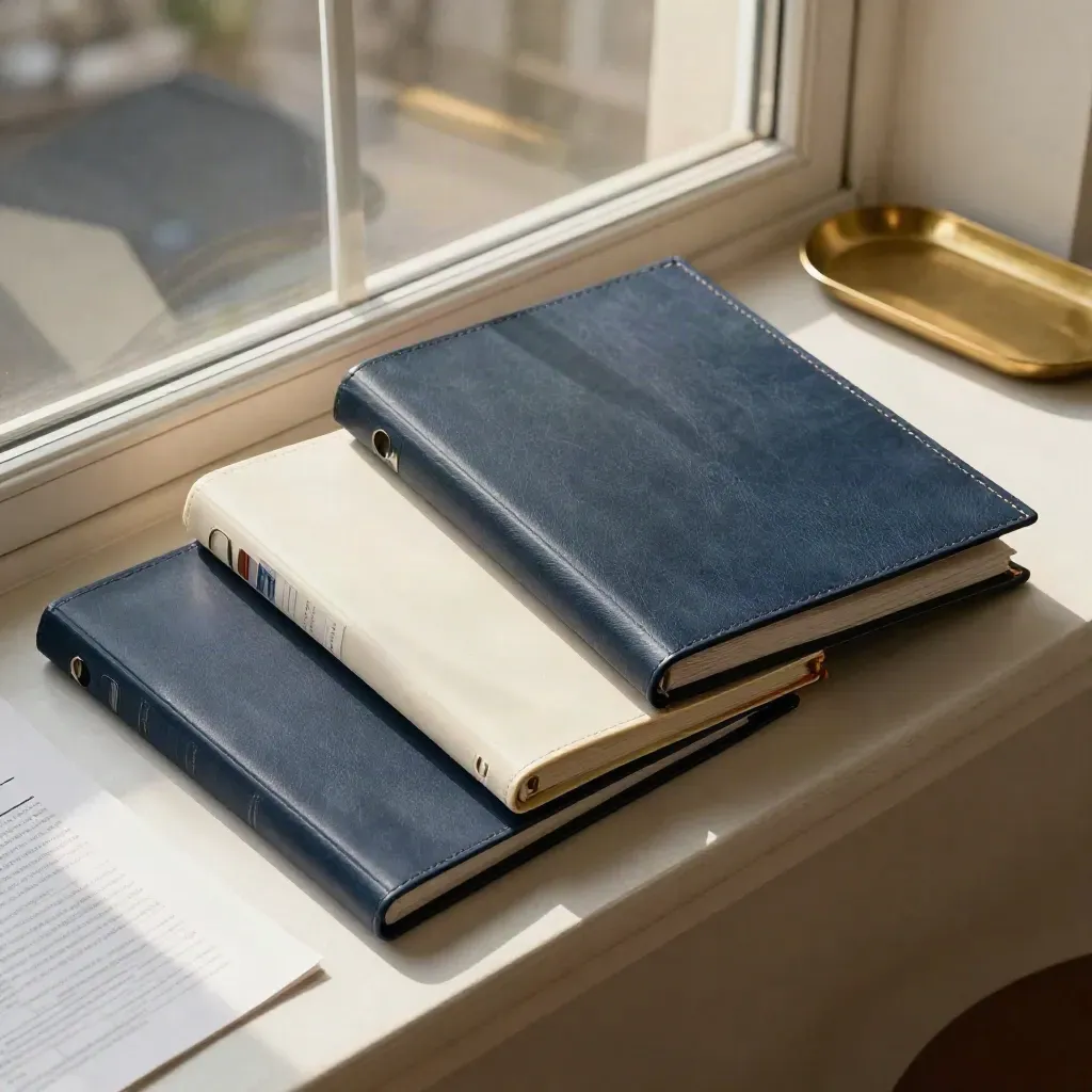 Three closed legal binders and a brass tray by a sunlit window, viewed from above.