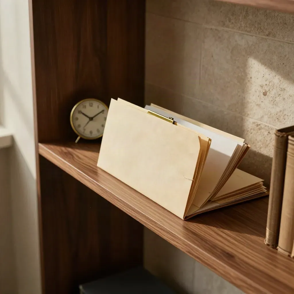 Top-down legal shelf with a tied folder, brass clips, and a blurred clock in warm dust light.