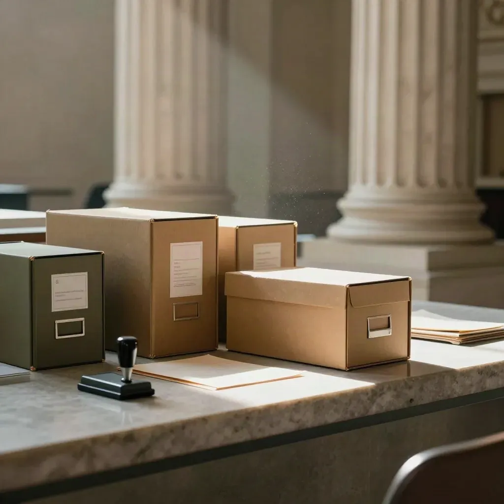 Courthouse archive boxes settle on a records counter as late sun and dust haze cut across stone columns.